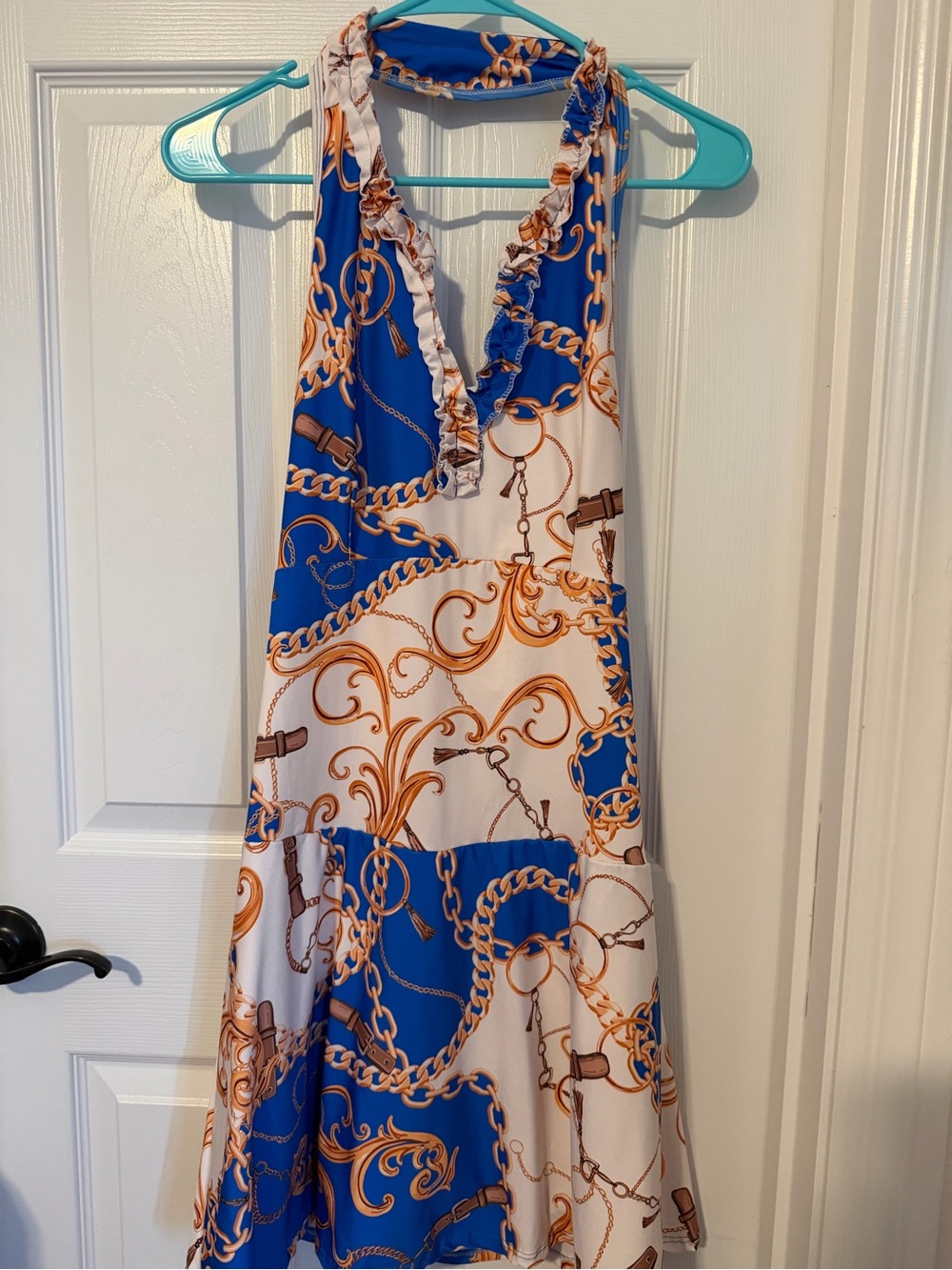 Blue & White Chain-Print Halter tennis dress